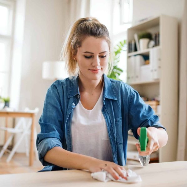 A woman is cleaning the counter top with a cloth.